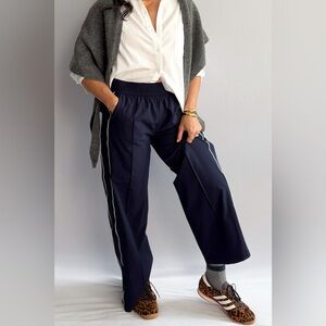 Women’s Navy Blue Track Pants with White Piping, Wide-Leg Pull-On – Thread & Sup